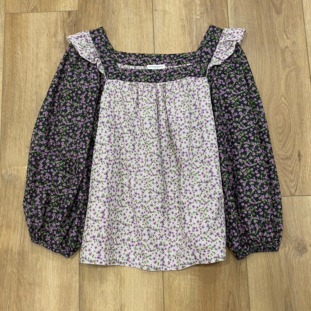 🌟CAROLINA BELLE🌟 FLORAL PRINT RUFFLE DETAIL COTTON BLOUSE PURPLE SZ S